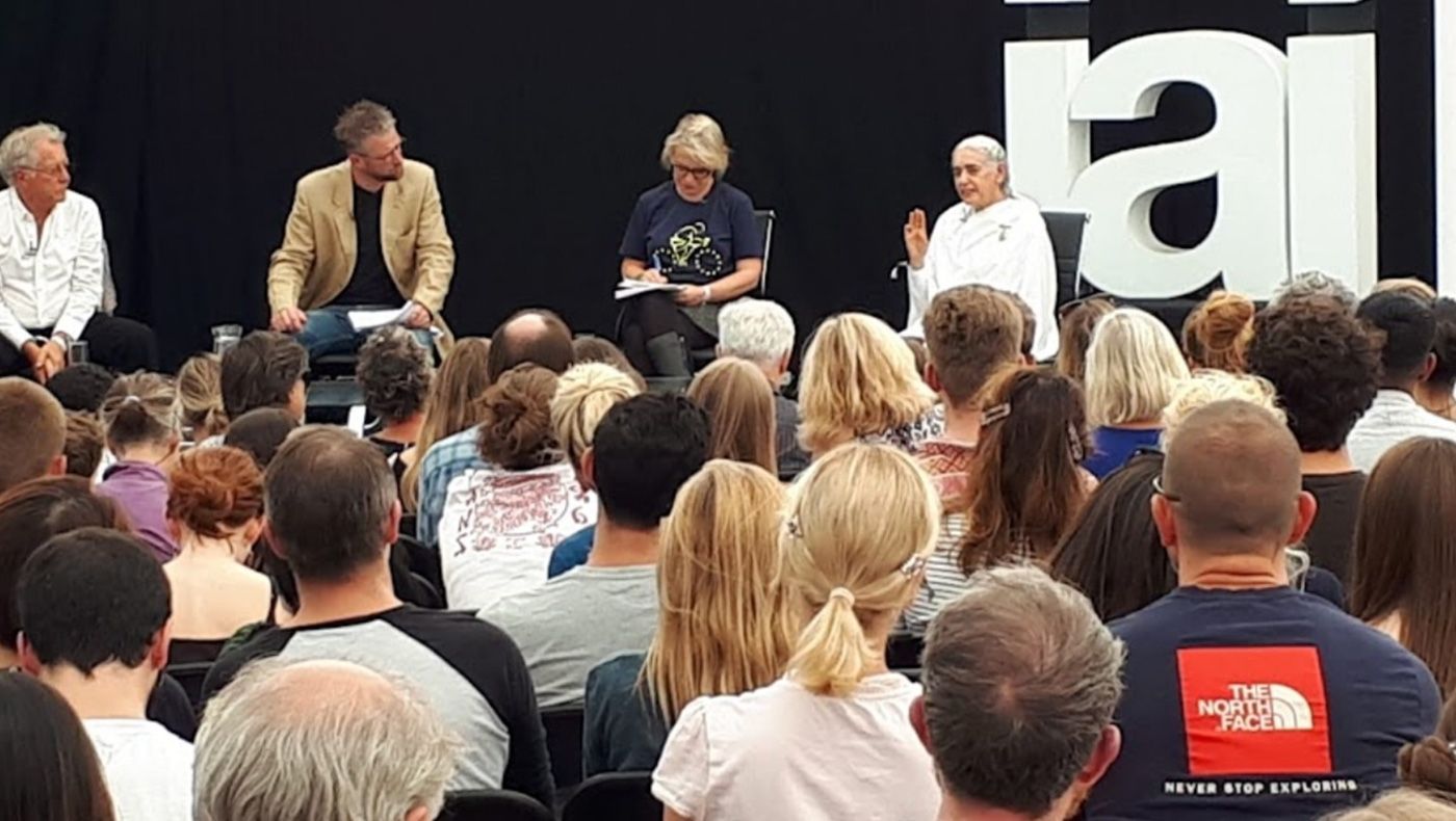 Sister Jayanti speaking on 'Modern Crises, Ancient Gods' at the How The Light Gets In Festival, Hampstead, 2019